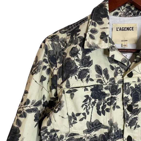 L'Agence Janice Black Rose Floral Print Cropped Denim Jean Trucker Jacket Small - Picture 5 of 16